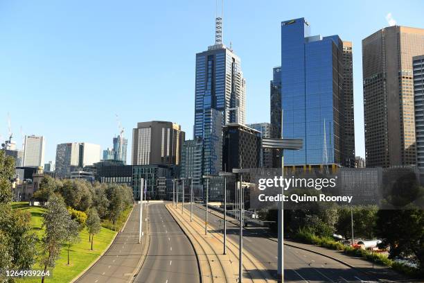 Empty streets around Melbourne CBD are seen on August 10, 2020 in Melbourne, Australia. Metropolitan Melbourne is under stage 4 lockdown...