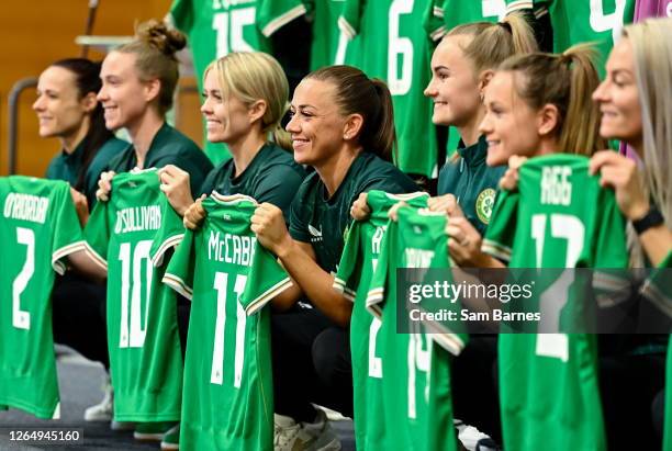 Dublin , Ireland - 29 June 2023; Captain Katie McCabe, centre, with teammates during a Republic of Ireland FIFA Women's World Cup 2023 squad...