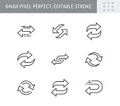Reverse line icons. Vector illustration included icon as swap, flip, currency exchange, switch, repeat replace outline pictogram of two circle arrows. 64x64 Pixel Perfect Editable Stroke