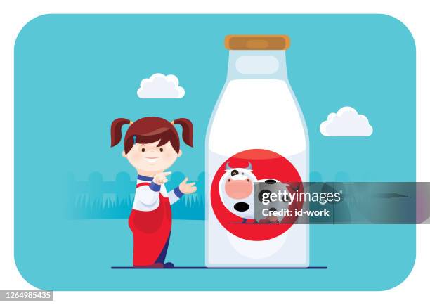 girl presenting with milk bottle - red breakfast graphics stock illustrations