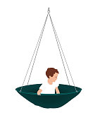 Vector illustration of cute little boy in round hammock. Kids vestibular activities, ergotherapy, or sensory integration concept. Isolated object on white background