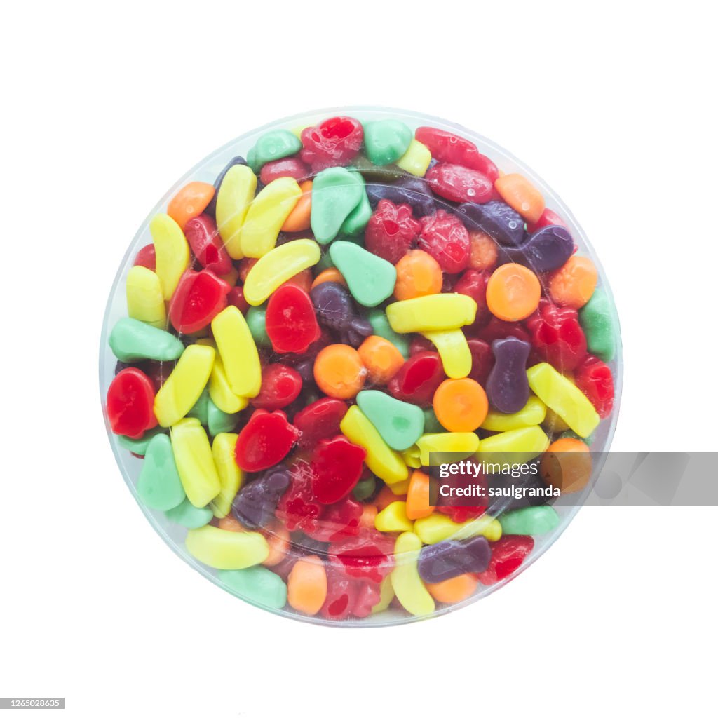 Plastic container filled with colored jelly beans