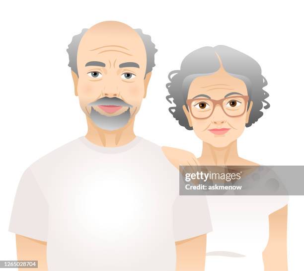 stockillustraties, clipart, cartoons en iconen met bejaarde man en vrouw in witte t-shirts - gekruld haar