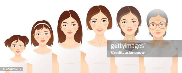 one woman in different age - young adult stock illustrations