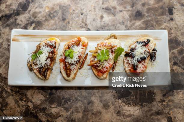 dish with bruschetta prepared with insects - inseto stock pictures, royalty-free photos & images