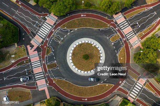 An aerial view of the new cycle-friendly roundabout on August 10, 2020 in Cambridge, England. The roundabout on Fendon Road was unveiled at the end...