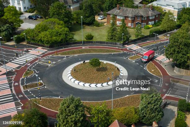 An aerial view of the new cycle-friendly roundabout on August 10, 2020 in Cambridge, England. The roundabout on Fendon Road was unveiled at the end...
