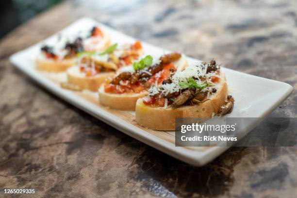 dish with bruschetta prepared with insects - inseto stock pictures, royalty-free photos & images