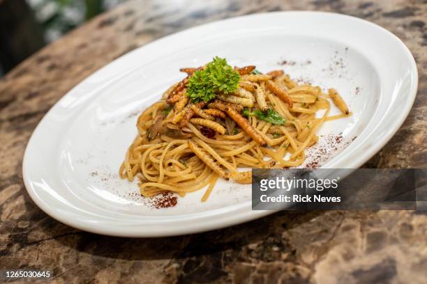 spaghetti dish prepared with larvae - inseto stock pictures, royalty-free photos & images