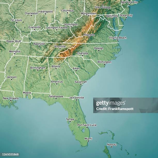 south atlantic us states 3d render topographic map color border cities - virginia v miami stock pictures, royalty-free photos & images