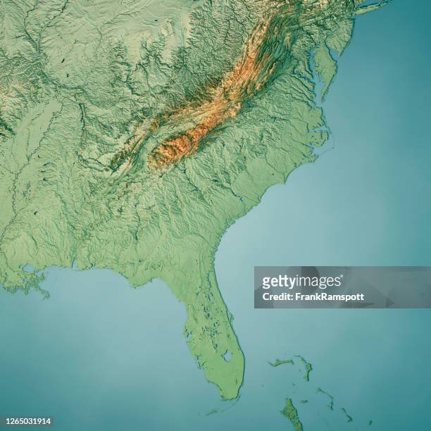 südatlantik us-bundesstaaten 3d render topografische karte farbe - florida usa stock-fotos und bilder