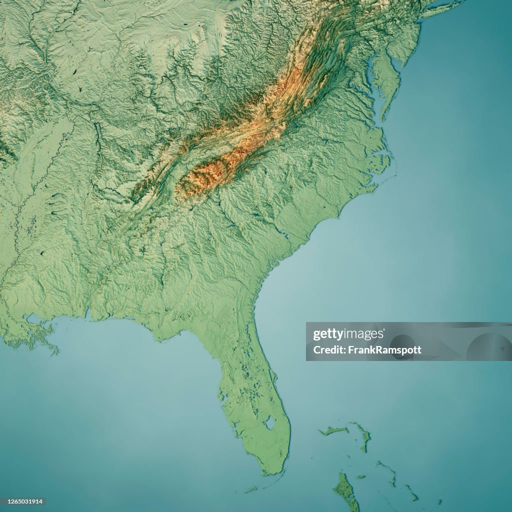 South Atlantic US States 3D Render Topographic Map Color