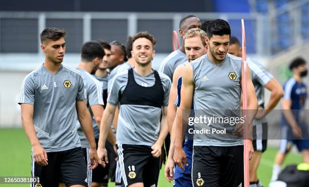 Raul Jimenez of Wolves looks on during a training session ahead of their UEFA Europa League Quarter Final match against Sevilla at MSV Arena on...