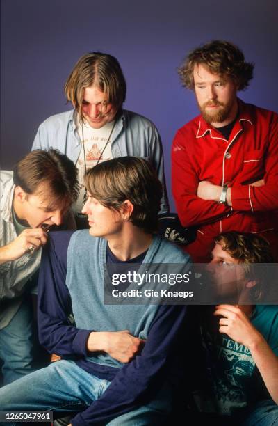 Studio portrait of Pavement, Stephen Malkmus, Mark Ibold, Scott Kannberg, Bob Nastanovich, Steve West, Luna Theater, Brussels, Belgium, 11 June 1995.