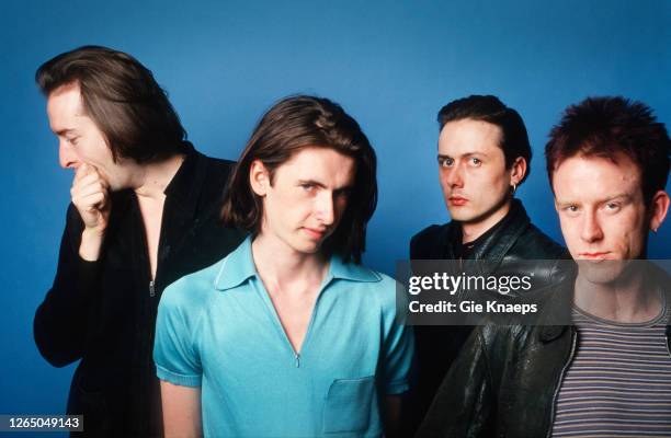 Studio portrait of Suede, Mat Osman, Bernard Butler, Brett Anderson, Simon Gilbert, Vaartkapoen , Brussels, Belgium, 28 April 1993.