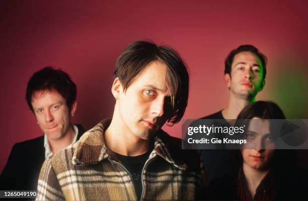 Studio portrait of Suede, Simon Gilbert, Brett Anderson, Mat Osman; Richard Oakes, Vooruit, Gent, Belgium, 25 November 1994.