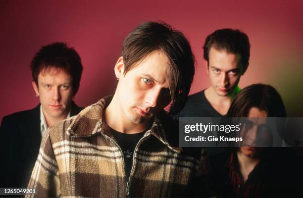 Studio portrait of Suede, Simon Gilbert, Brett Anderson, Mat Osman; Richard Oakes, Vooruit, Gent, Belgium, 25 November 1994.