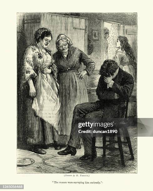 upset young man crying in front of two old women - grief stock illustrations