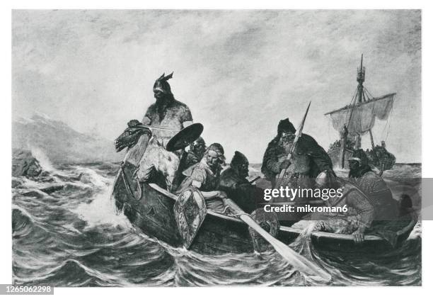 old engraved illustration of leif ericson off the coast of vineland - viking helmet stock-fotos und bilder