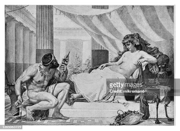 old engraved illustration of hercules at the feet of omphale - zeus stock pictures, royalty-free photos & images
