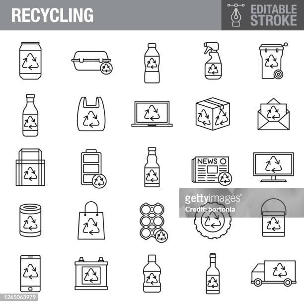 ilustraciones, imágenes clip art, dibujos animados e iconos de stock de conjunto de iconos de trazos editables de reciclaje - carton