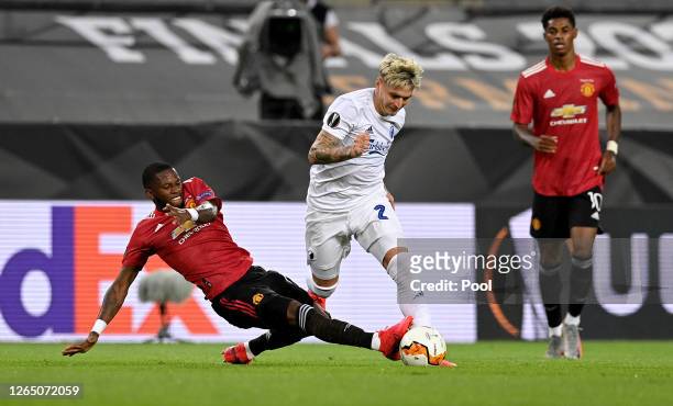 Guillermo Varela of FC Kobenhavn is challenged by Fred of Manchester United during the UEFA Europa League Quarter Final between Manchester United and...