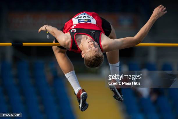 Jonas Wagner competes during men high jump final competition of the German Athletics Championships 2020 at Eintracht Stadion on August 09, 2020 in...