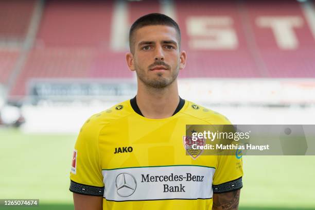 Goalkeeper Fabian Bredlow of VfB Stuttgart poses during the team presentation at Mercedes-Benz Arena on August 10, 2020 in Stuttgart, Germany.