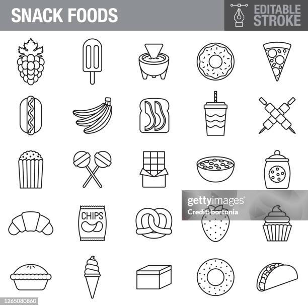 ilustraciones, imágenes clip art, dibujos animados e iconos de stock de set de iconos de trazos de snack foods - unhealthy eating