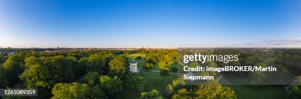 panorama of the english garden with monopteros, munich, aerial view, upper bavaria, bavaria, germany - englischer garten stock pictures, royalty-free photos & images
