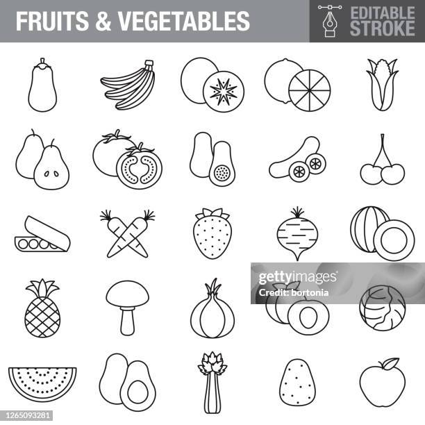 ilustraciones, imágenes clip art, dibujos animados e iconos de stock de conjunto de iconos de trazos editables de frutas y verduras - nabo tubérculo