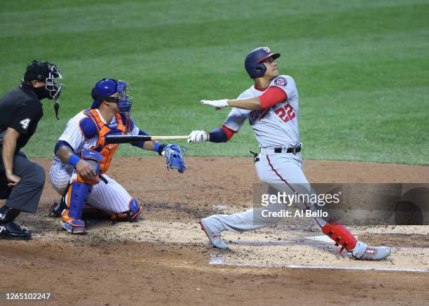 Juan Soto of the Washington Nationals hits a two run home run in the third inning against Steven Matz of the New York Mets during their game at Citi...