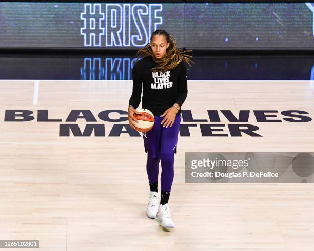 Brittney Griner of the Phoenix Mercury warms up prior to the game against the Dallas Wings at Feld Entertainment Center on August 10, 2020 in...
