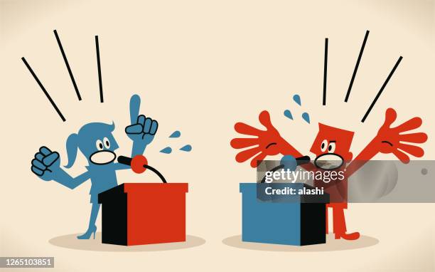 ilustrações de stock, clip art, desenhos animados e ícones de woman and man are debating, standing behind a lectern, platform with microphone - debate