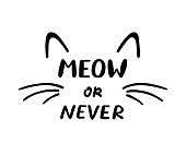 Meow or Never phrase and cat ears and whiskers. Vector illustration