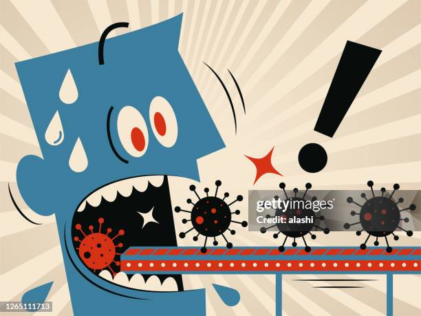 man opening big mouth and eating a row of coronavirus (covid-19, bacterium, virus, enterovirus) delivered by production line - rotavirus stock illustrations
