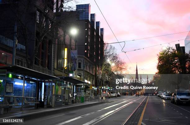 Empty streets are seen on August 11, 2020 in Melbourne, Australia. Metropolitan Melbourne is under stage 4 lockdown restrictions, with people only...