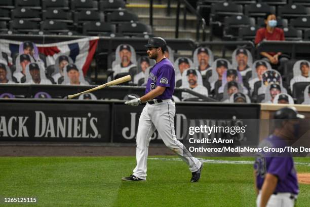 Daniel Murphy of the Colorado Rockies reacts to striking out against the Arizona Diamondbacks at Coors Field on Monday, August 10, 2020.