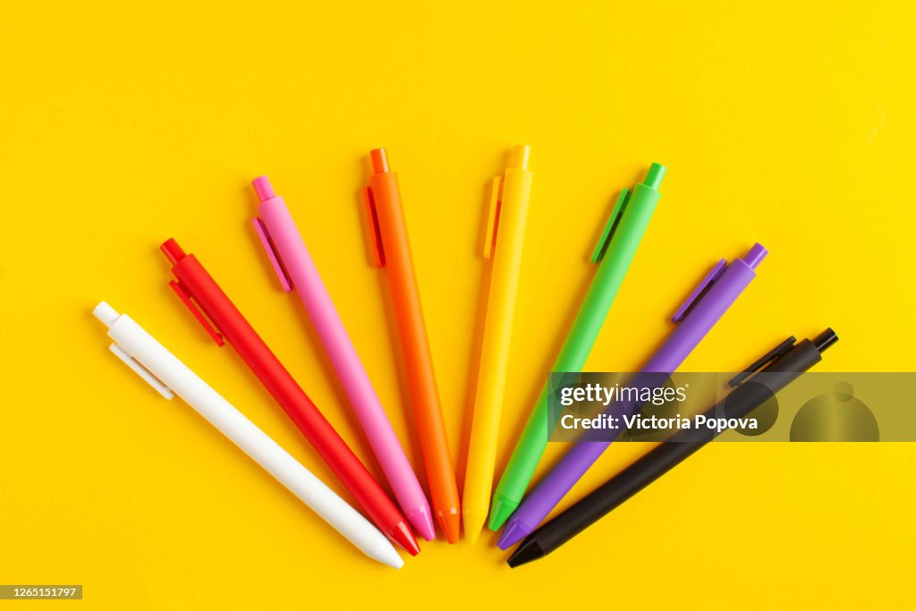 Multicolored Pens On A Yellow Background The Concept Of The Beginning Of  The School Year Office And School Supplies High-Res Stock Photo - Getty  Images