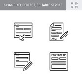 Contact us line icons. Vector illustration included icon as registration form, outline pictogram of web page with blank box and pencil. 64x64 Pixel Perfect Editable Stroke
