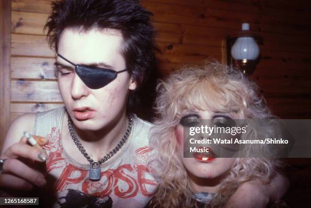 Sid Vicious of the Sex Pistols, wearing an eye patch, with Nancy Spungen at their flat in London, UK, 4th August 1978.