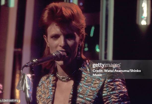 David Bowie performs 'The Jean Genie' on BBC TV show 'Top Of The Pops', London, on 3rd January 1973. The performance was broadcast on 4th January...