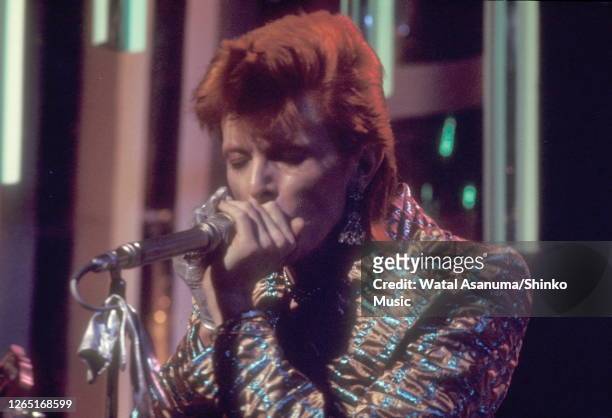 David Bowie performs 'The Jean Genie' on BBC TV show 'Top Of The Pops', London, on 3rd January 1973. The performance was broadcast on 4th January...