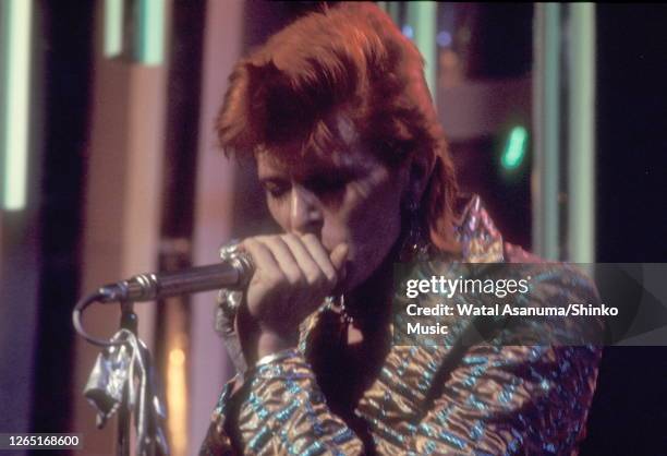 David Bowie performs 'The Jean Genie' on BBC TV show 'Top Of The Pops', London, on 3rd January 1973. David Bowie , Mick Ronson . The performance was...