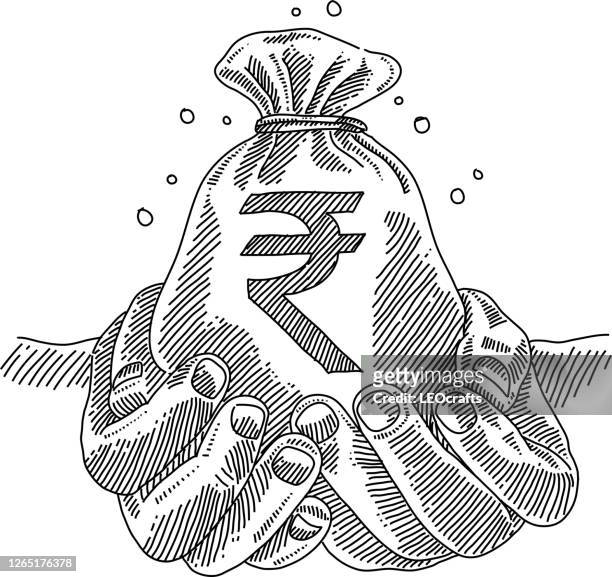 hand holding money bag drawing - indian currency stock illustrations