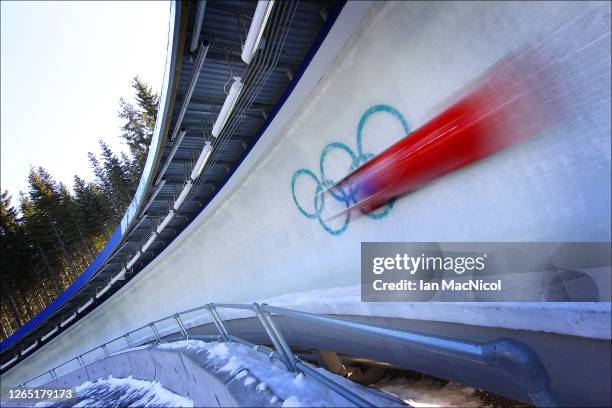 Italy 1 piloted by Jessica Gillarduzzi practice during the Women's Two-Man Bobsleigh training on day 9 of the 2010 Vancouver Winter Olympics at the...