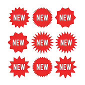 Red starburst sticker with new sign set - circle sun and star burst badges and labels with text about new product.