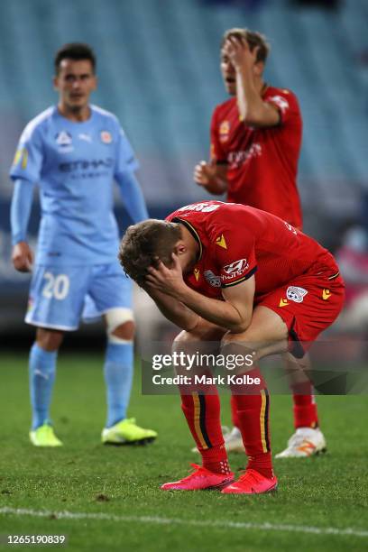 Kristian Opseth of United looks dejected after a missed shot on goal during the round 25 A-League match between Melbourne City and Adelaide United at...