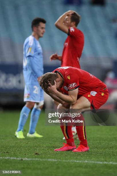 Kristian Opseth of United looks dejected after a missed shot on goal during the round 25 A-League match between Melbourne City and Adelaide United at...