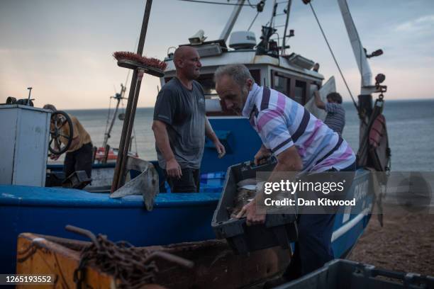 The catch is removed from the boat after a night fishing for flatfish such as Skate and Dover Sole in the English Channel from a Hastings fishing...